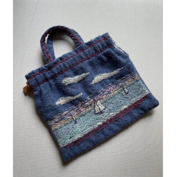 Vintage Handknit Sailboat Handbag | Embroidered Nautical Wool Purse - Picture 1 of 6